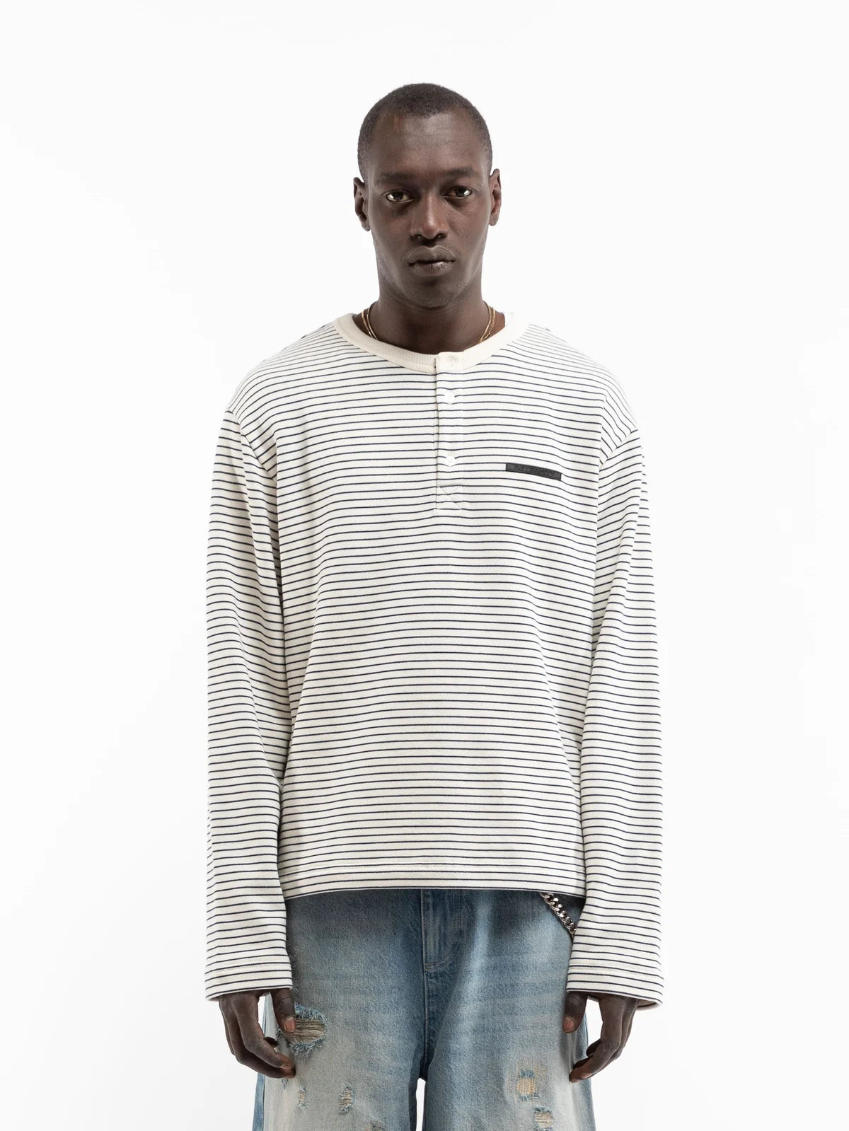 HENLEY STRIPE LONGSLEEVE - OFF WHITE/NAVY